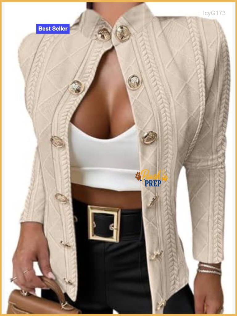 Women Argyle Cable Cardigan Lightweight Cropped Coat Stand Collar Long Sleeve